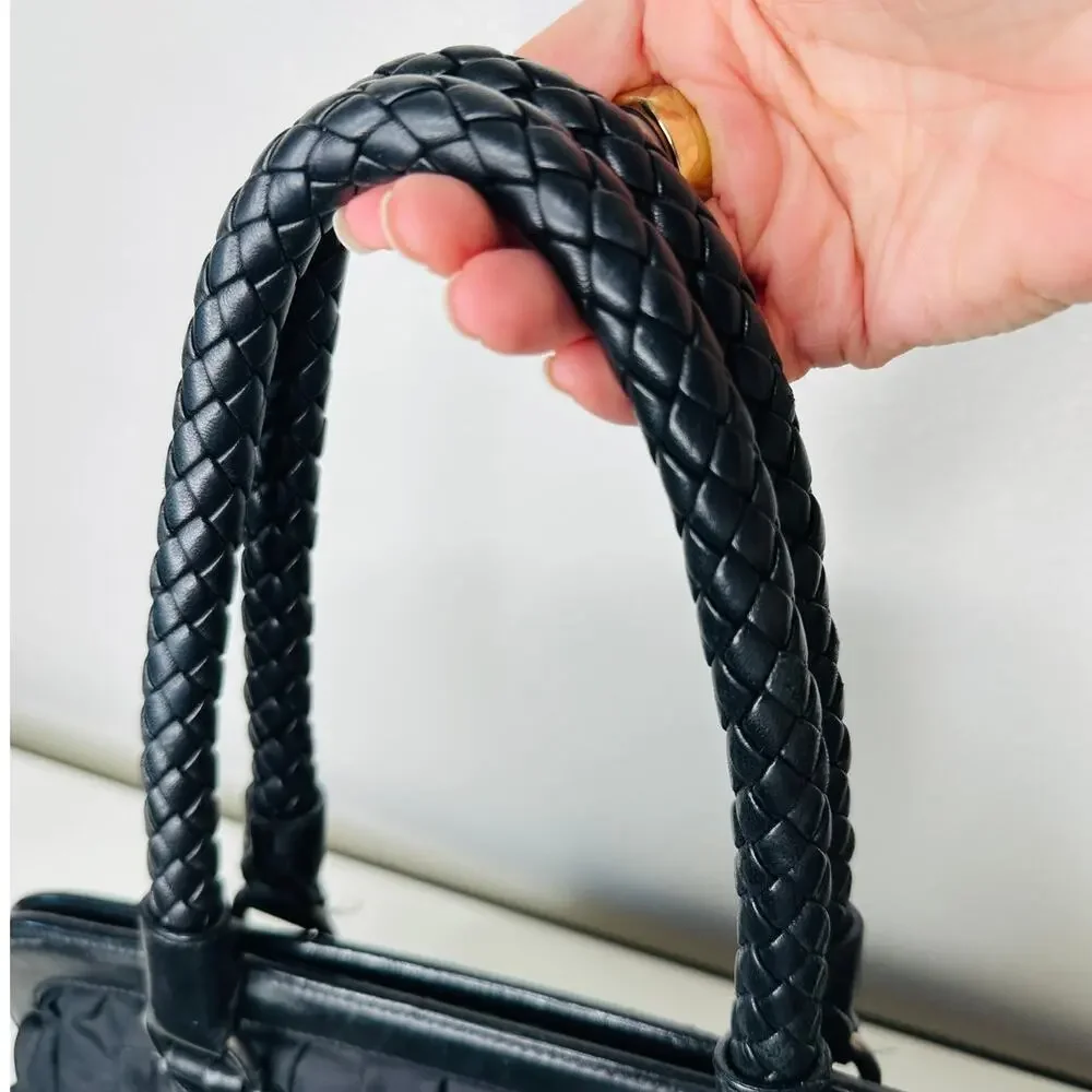 Prada Vintage 90s Black Nylon & Leather Buckle Braided Handle Purse - Picture 4 of 16